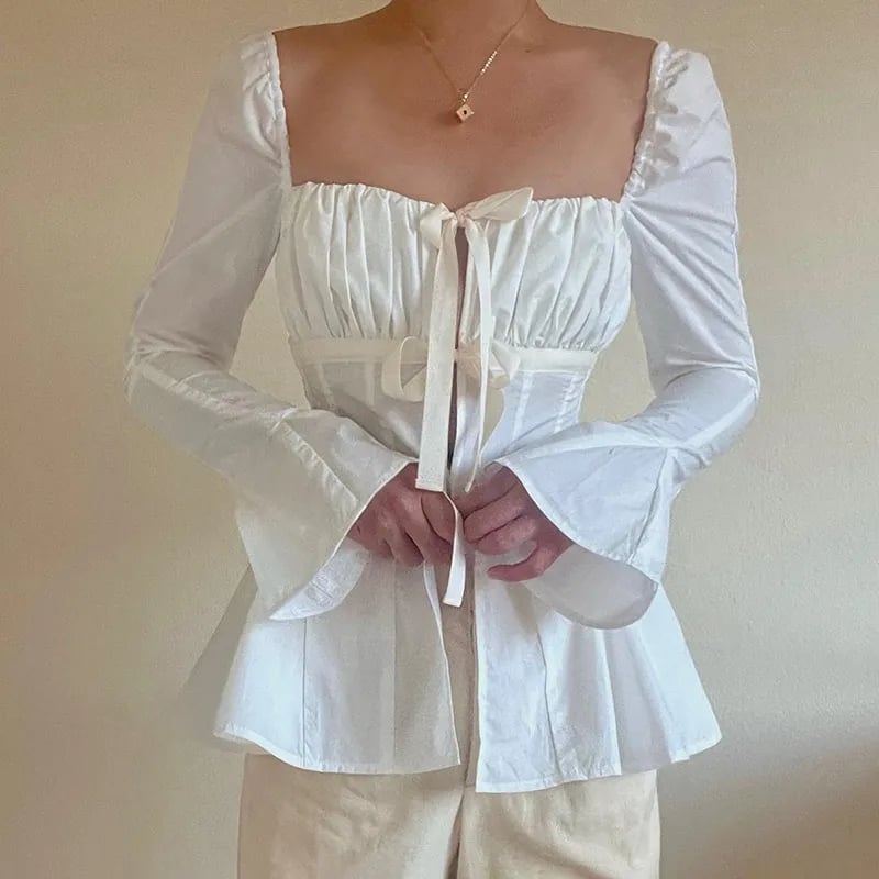 Square Collar Lace Up Flare Sleeve Shirt
