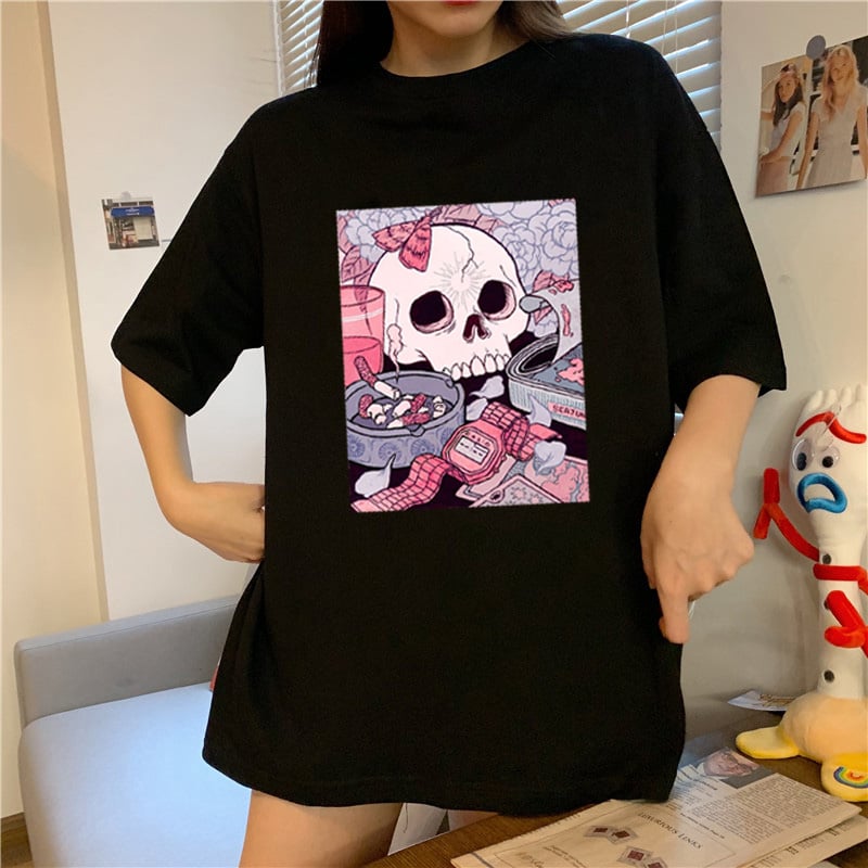 Cute Black Skull Goth Punk Print Cartoon Loose Short Sleeve Short T-shirt Tee Top Summer Casual E-Girl Kawaii Korean Japanese Harajuku Streetwear
