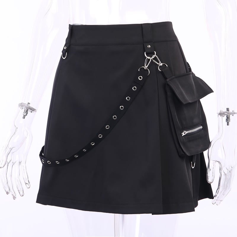 Cute Sexy Punk Goth Black High Waist Mini Skirt Patchwork Bandage Bottom E-Girl Kawaii Korean Japanese Harajuku Chinese Retro Streetwear Aesthetic