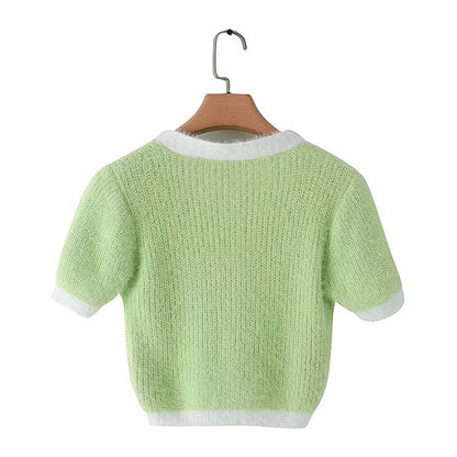Cute Vintage Sweater Cardigan Knit Crop Top Short Sleeve Shirt Tee T-shirt E-Girl Kawaii Korean Japanese Harajuku Chinese Retro Streetwear Aesthetic