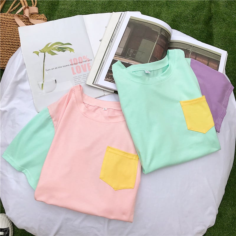 Cute Pastel Patchwork Contrast Kpop Bangtan Boys T-shirt Tee Top Korean Japanese Harajuku Chinese Retro Streetwear Aesthetic Fashion
