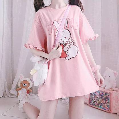 Pink Rabbit Ruffle Loose Short Sleeve T-shirt