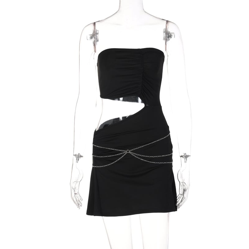 Black Strapless Chain Cut Out Split Mini Dress
