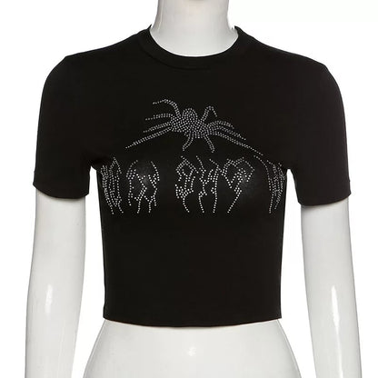 Sexy Black Spider Rhinestone Graphic Crop Top Short Sleeve T-shirt Vintage Punk Goth Aesthetic Casual Summer E-Girl Kawaii Korean Japanese Haraju