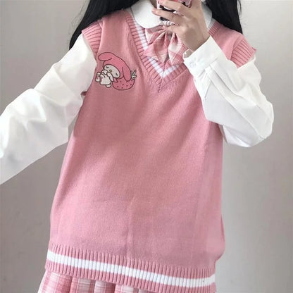 Cute Anime Cartoon Print Knit Vest Sweater Crop Top V Neck Sleeveless Shirt Aesthetic Casual Summer E-Girl Kawaii Korean Japanese Harajuku