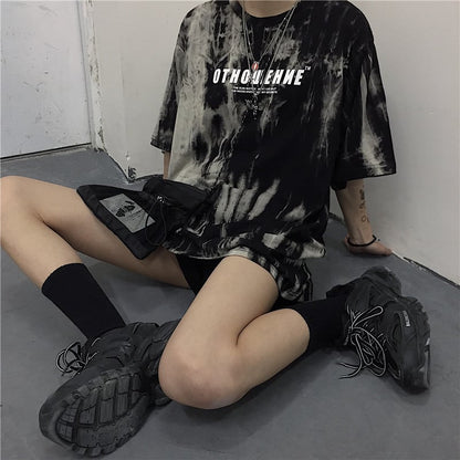 Cute Smoke Ash Print Loose Oversized Crop Top Short Sleeve Shirt Tee T-shirt E-Girl Kawaii Korean Japanese Harajuku Chinese Retro Streetwear Punk Goth