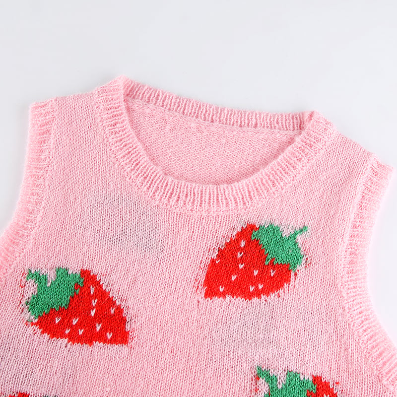 Cute Pink Strawberry V Neck Sleeveless Knit Crop Top Sweater Sweatshirt Pullover Jumper E-Girl Kawaii Korean Japanese Harajuku Streetwear