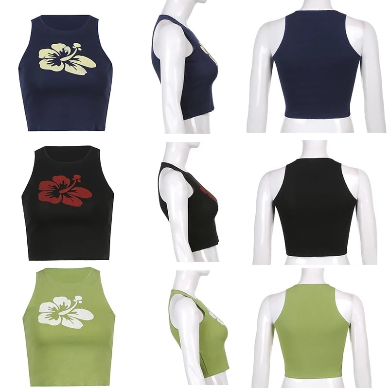 Cute Hawaii Flower Tank Crop Top Vintage Short Sleeve Shirt Sleeveless O Neck Casual Summer E-Girl Kawaii Korean Japanese Harajuku Streetwear