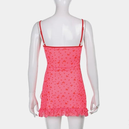 Cute Sweet 90s Pink Heart Print Sleeveless Strap Ruffles Short Mini Dress Aesthetic Casual Summer E-Girl Kawaii Korean Japanese Harajuku