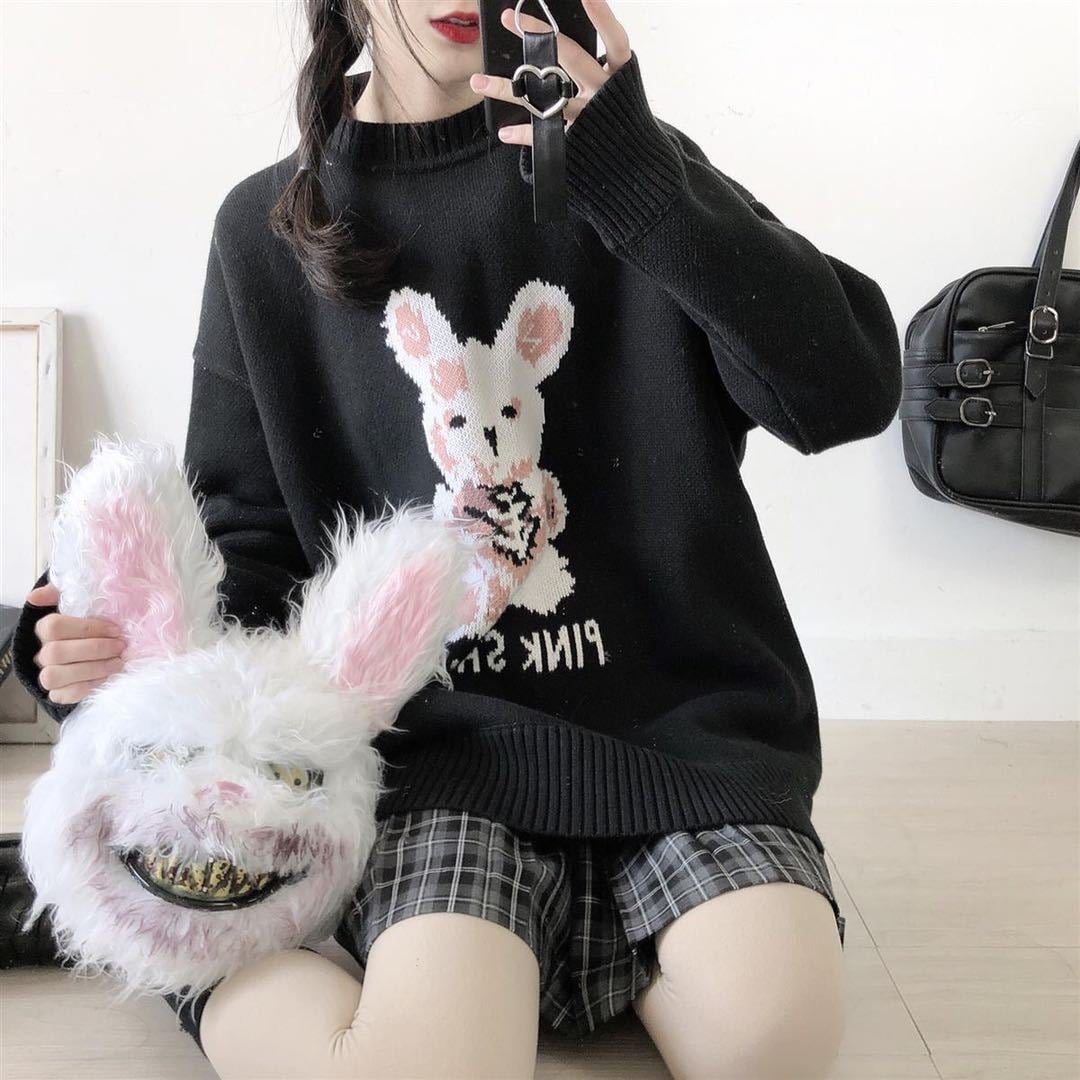 Bunny Knit Casual Sweater Sweatshirt Loose Jumper Long Sleeve Pullover Top Punk Goth E-Girl Kawaii Korean Japanese Harajuku Streetwear