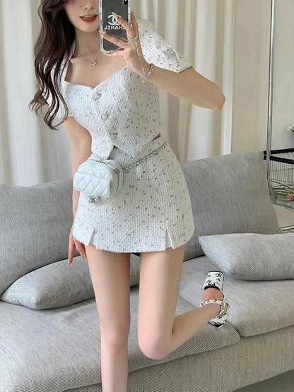2PCS White Tweed Puff Sleeve Blouse + Skirt