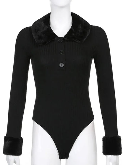 Black Faux Fur V Neck Bodycon Sweater