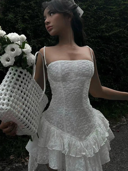 White Floral Lace Layered Dress