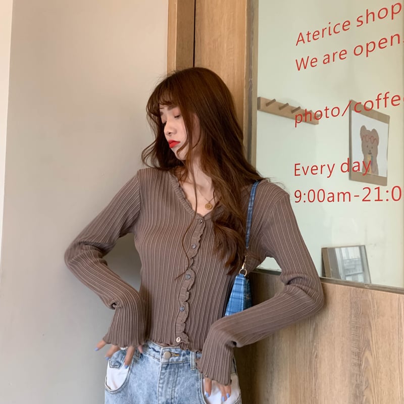 Cute V Neck Knit Casual Thin Sweater Cardigan Shirt Tee T-shirt E-Girl Kawaii Korean Japanese Harajuku Chinese Retro Streetwear