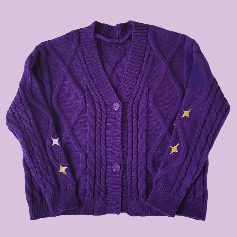 Purple Star Embroidery Button Cardigan
