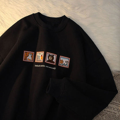 Cute Picture Frame Embroidery Velvet Thick Round Neck Sweatshirt Oversize Hoodie Pullover Sweater E-Girl Kawaii Korean Japanese Harajuku Streetwear