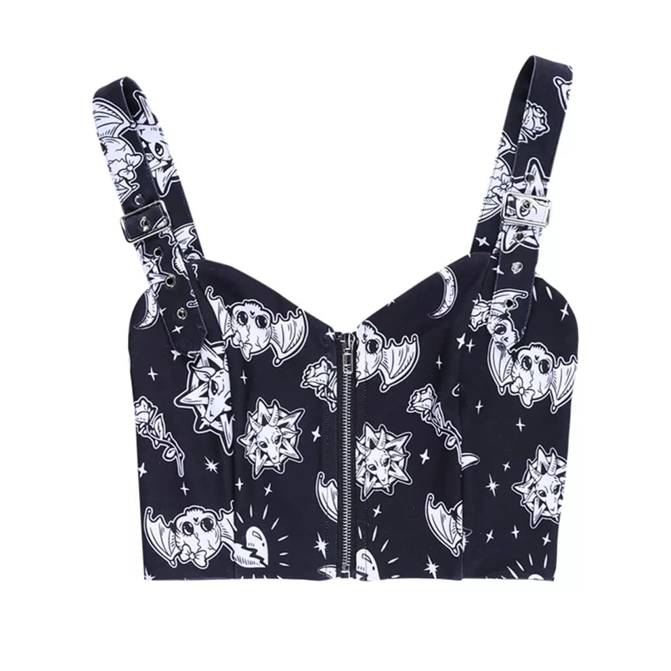 Cute Black Goth Skull Bat Goat Print Zipper Front Camisole Crop Top Tank Summer Aesthetic Casual E-Girl Kawaii Korean Japanese Harajuku