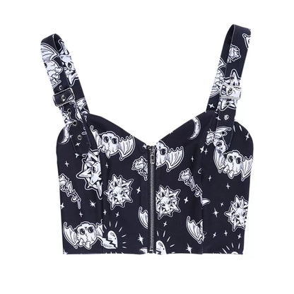 Cute Black Goth Skull Bat Goat Print Zipper Front Camisole Crop Top Tank Summer Aesthetic Casual E-Girl Kawaii Korean Japanese Harajuku