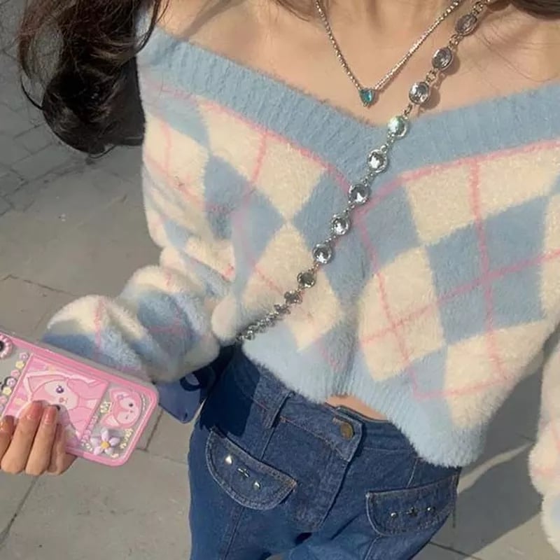 Blue Argyle Slash Neck Long Sleeve Sweater