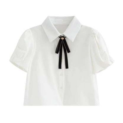 Cute 2pcs Set White Puff Ruffles Sleeve Shirt + Aline Pleated Preppy Mini Skirt Summer Aesthetic Casual E-Girl Kawaii Korean Japanese Harajuku