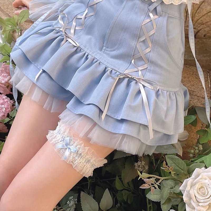 Cute Sexy Blue Lace Ribbon Bow High Waisted Mini Skirt Aesthetic Summer E-Girl Kawaii Korean Japanese Harajuku