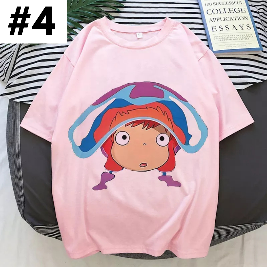 Cute Pink Ponyo Anime Cartoon Print Graphic Short Sleeve Shirt Top Summer Aesthetic Casual E-Girl Kawaii Korean Japanese Harajuku
