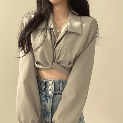 White Chic Cropped Long Sleeve Shirt