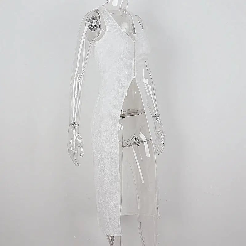 White Hollow Out V Neck Long Tank Top