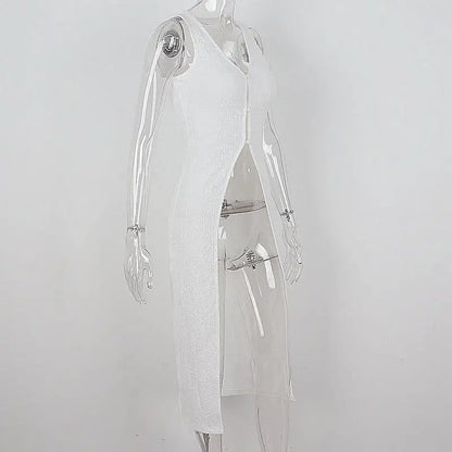 White Hollow Out V Neck Long Tank Top