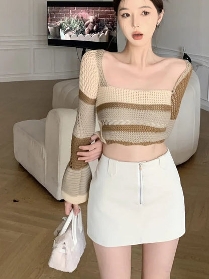 Brown Crochet Bell Sleeve Cut Out Long Sleeve Shirt