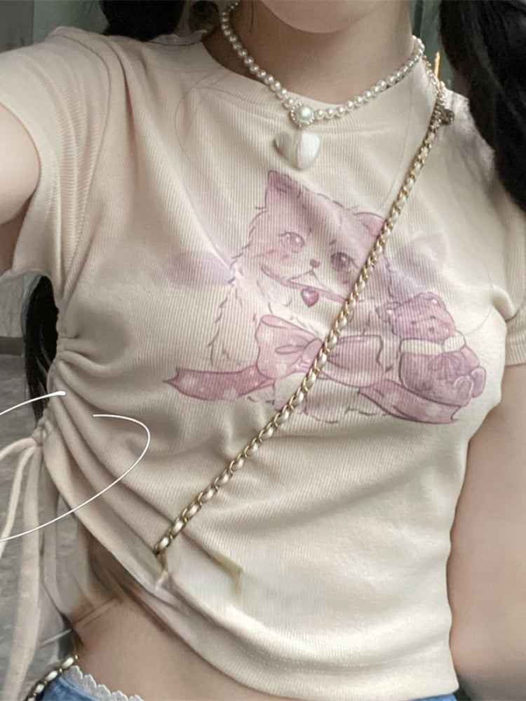 Cat Print Ribbed Short Sleeve T-shirt