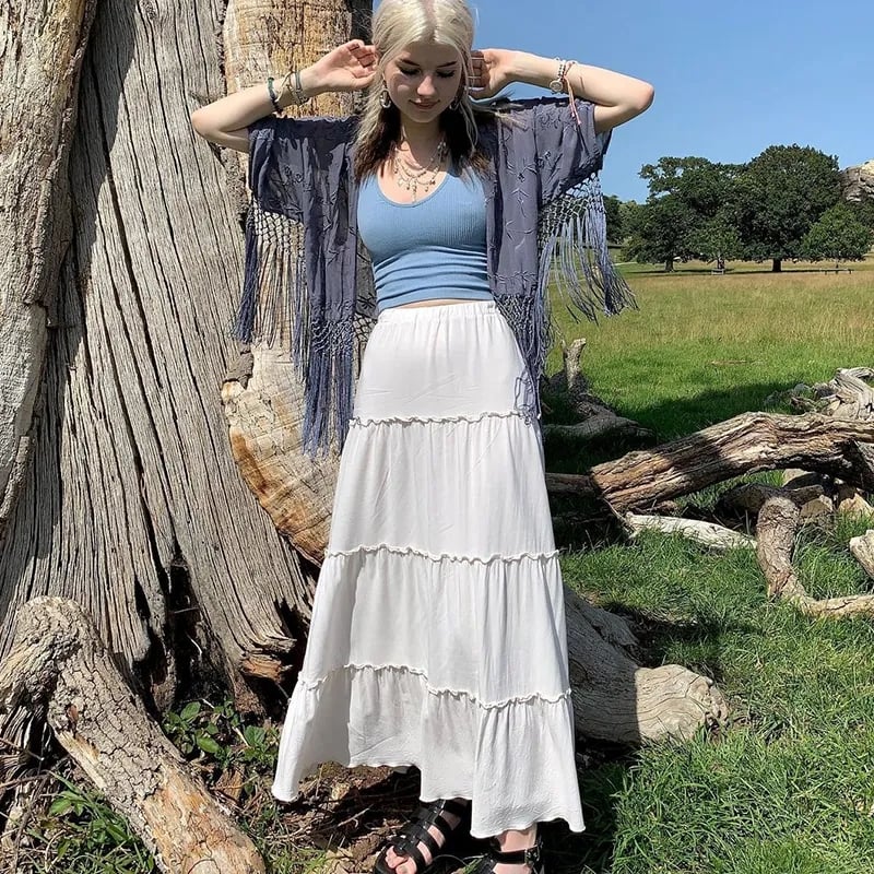 White Pleated Frill Maxi Skirt