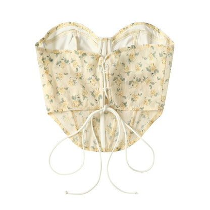 Blue Floral Lace Up Backless Corset Top