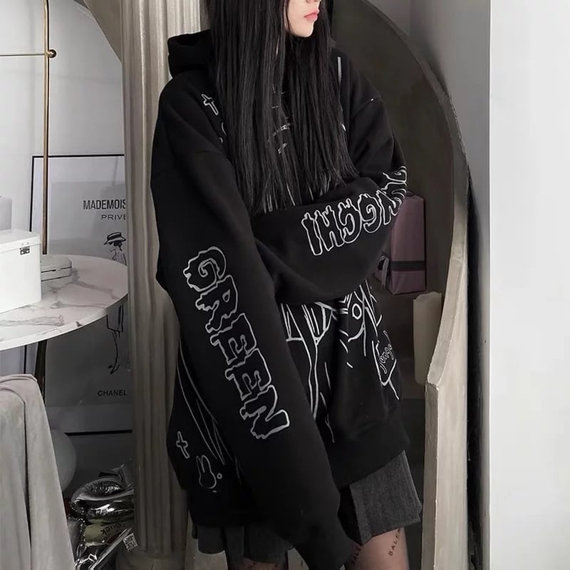 Cute Black Goth Anime Hoodie Grunge Loose Long Sleeve Shirt Aesthetic Casual E-Girl Kawaii Korean Japanese Harajuku