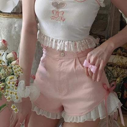 Pink Bow Ruffle High Waist Lace Shorts