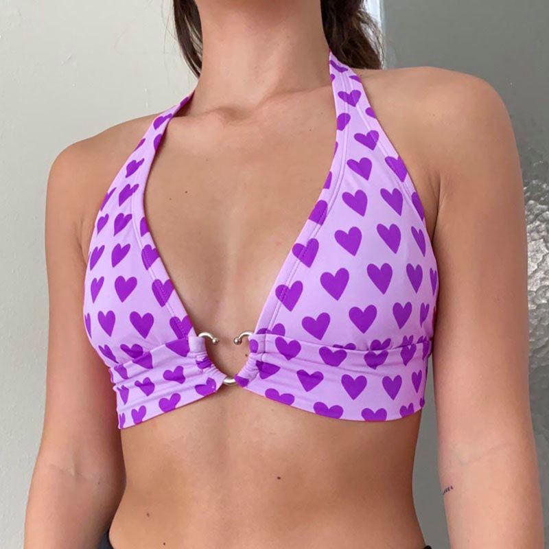Cute Pink Heart Print Halter Bustier Crop Top Sleeveless Backless Lace Up Bralette Summer Casual E-Girl Kawaii Korean Japanese Harajuku Streetwear