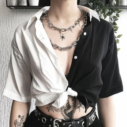 Cute Sexy Black White Patchwork Casual Crop Short Sleeve Shirt Tee T-shirt E-Girl Kawaii Korean Japanese Harajuku Chinese Retro Streetwear Aesthetic