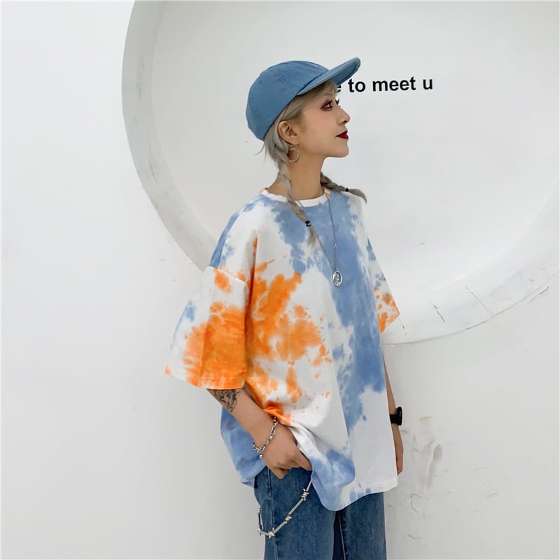 Cute Tie Dyed Hip Hop Casual Punk Goth Loose Oversized Short Sleeve Shirt Tee T-shirt E-Girl Kawaii Korean Japanese Harajuku Chinese Retro Streetwear