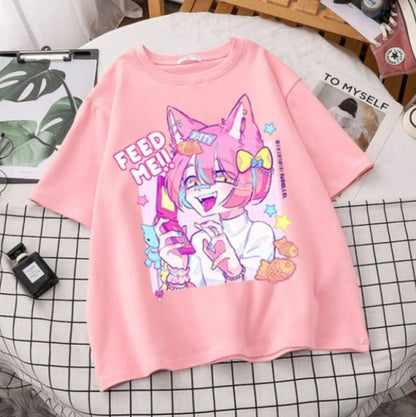 Cute Pastel Sweet Fox Anime Girl Cartoon Print Short Sleeve T-shirt Loose Punk Aesthetic Casual Summer E-Girl Kawaii Korean Japanese Harajuku