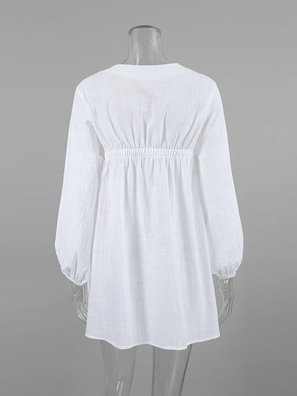 White Cotton Lantern Long Sleeve Dress