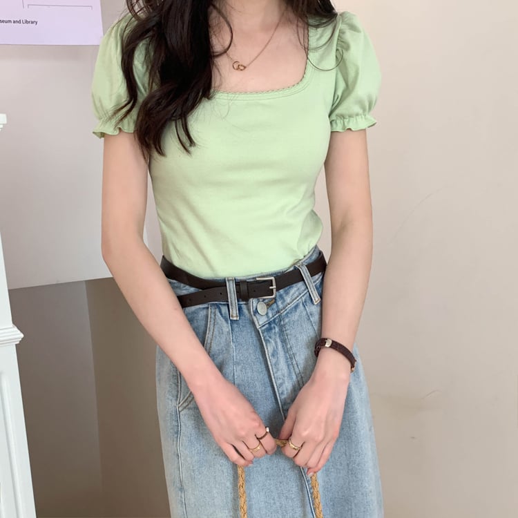 Green Puff Sleeve Square Collar Top