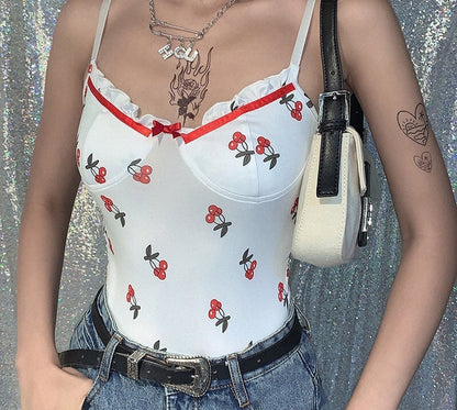 Cute Sweet Sexy Cherry Ruffle Bodysuit Top Tees Tshirts E-Girl Kawaii Korean Japanese Harajuku Chinese Retro Streetwear Aesthetic