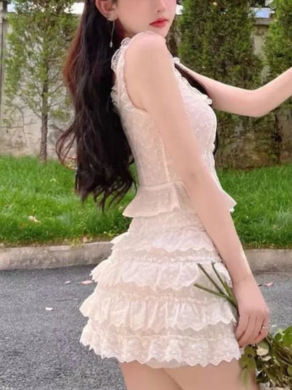 2PCS White Lace Frill Top + Mini Skirt