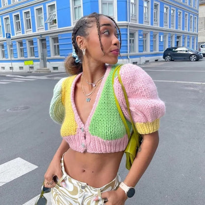 Pastel Crochet V Neck Short Sleeve Shirt