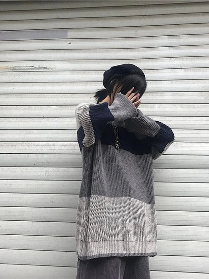 Grey Stripe Patchwork Sweater