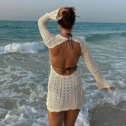 Blue Beach Backless Crochet Long Sleeve Dress