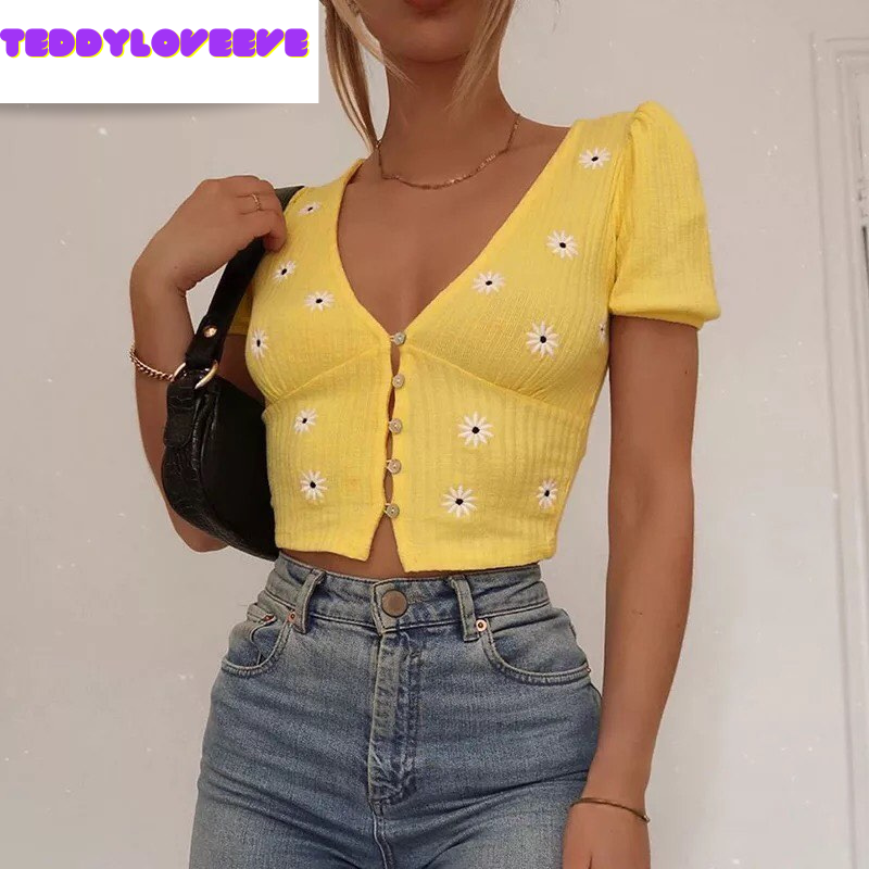 Cute Yellow Flower Embroidery Button V Neck Short Sleeve Shirt Crop Top Cardigan Summer Aesthetic E-Girl Kawaii Korean Japanese Harajuku Streetwear