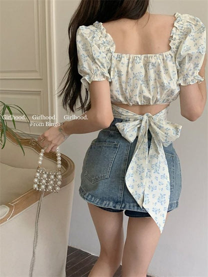 Blue Floral Bandage Puff Sleeve Square Collar Top