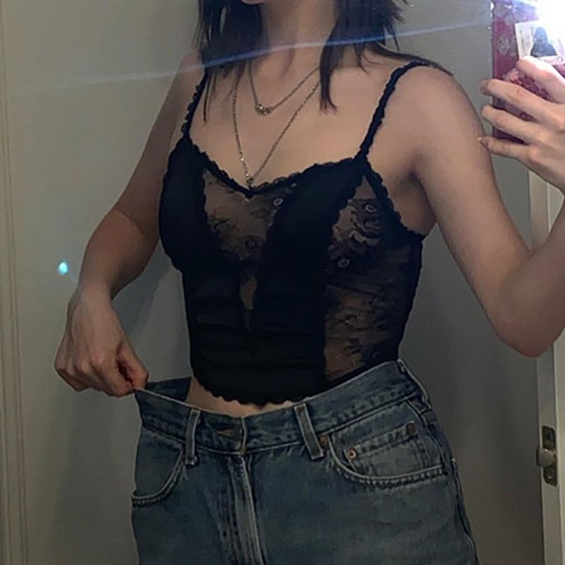 Sexy Black V-Neck Vintage Lace Crop Top Camisole Sleeveless Shirt Dark Academia Goth Punk Summer E-Girl Kawaii Korean Japanese Harajuku Streetwear
