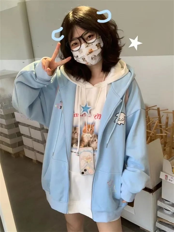 Puppy Embroidery Cartoon Zip Up Hoodie